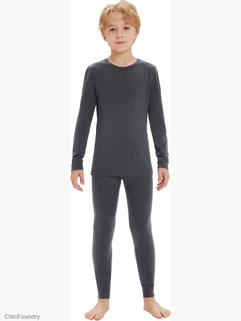 Kids 100% Merino Wool Base Layer Set Long Sleeve Crew Neck Thermal Underwear